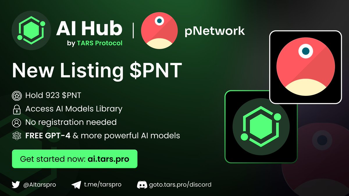murphai_io's tweet photo. 🌟 Exciting News! 🎉

pNetwork ($PNT) is now listed on TARS AI Hub! 🌟

@pNetworkDeFi 

Explore our extensive AI Models Library by holding just 923 $PNT tokens. Discover the forefront of technology including GPT-4, AI Text-to-Speech, Image recognition, and much more, all free of charge and with no sign-up needed!

Kickstart your #AI journey by heading to 👉 https://t.co/sVu0YlehiW and delve into the revolutionary world of #pNetwork 🌏🌟🔒

#AIGC #TARS #Web3