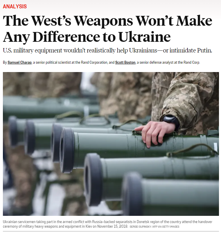 igorsushko's tweet photo. Samuel G Charap is the idiot who wrote the article "The West’s Weapons Won’t Make Any Difference to Ukraine" at the most critical moment in JAN 2022, when we all knew Putin was set to invade. His "analysis" urged the US not to send any weapons to Ukraine & let Putin take Ukraine. https://t.co/i1YvUtKUUZ