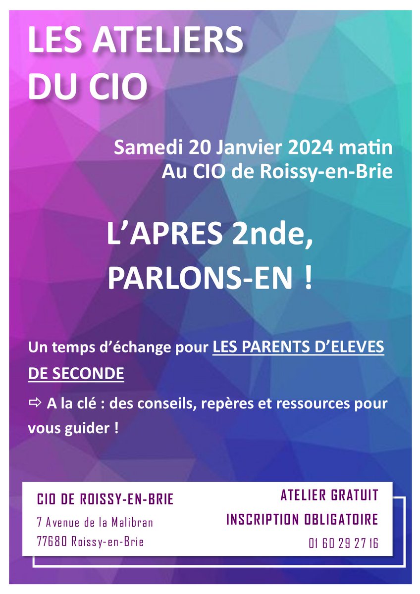 Le prochain atelier organisé par le CIO de ROISSY en BRIE aura lieu samedi 20 Janvier 2024 au CIO.  Il s'adresse aux parents d'élèves de seconde générale.
Lieu : 7 avenue de la Malibran à Roissy-en-Brie
Atelier gratuit, inscription obligatoire au 01 60 29 27 16.