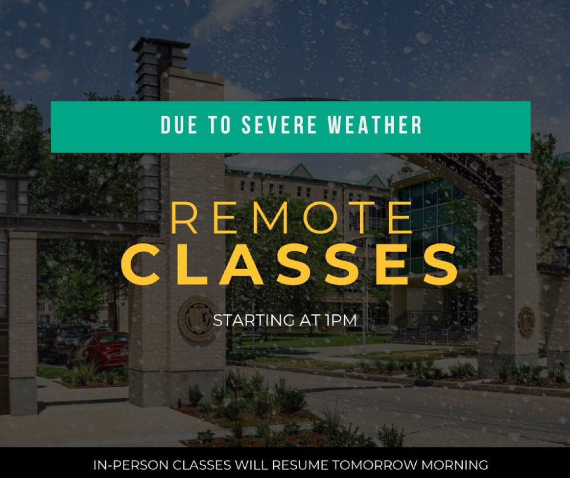 Hey Xavierites, due to the threat of severe weather this afternoon and tonight, the University will transition to remote classes starting at 1 p.m. today. Check your #XULA email for more information.