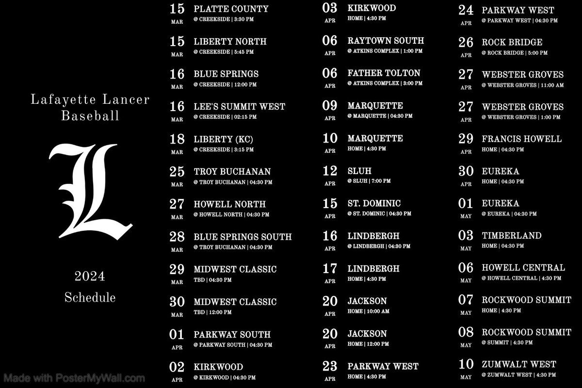 The 2024 Lafayette Lancer Baseball Schedule