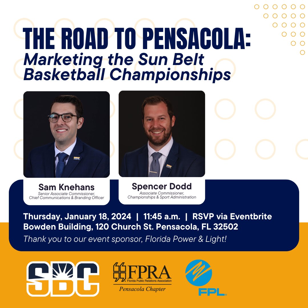 So much to learn from the #SunBeltConference team! We hope to see you at the Bowden Building on January 18. 🏀👏 RSVP here ===> eventbrite.com/e/the-road-to-… #pensacolaflorida #FPRA #FPRAPensacola