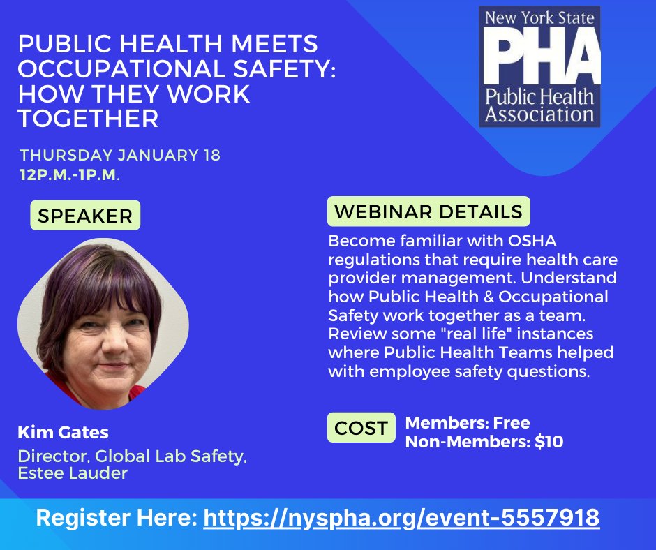 Our first Public Health Webinar of 2024 is focusing on Public Health and Occupational Safety. Join us on 1/18 to learn more about how public health works together with occupational safety. Register here: nyspha.org/event-5557918