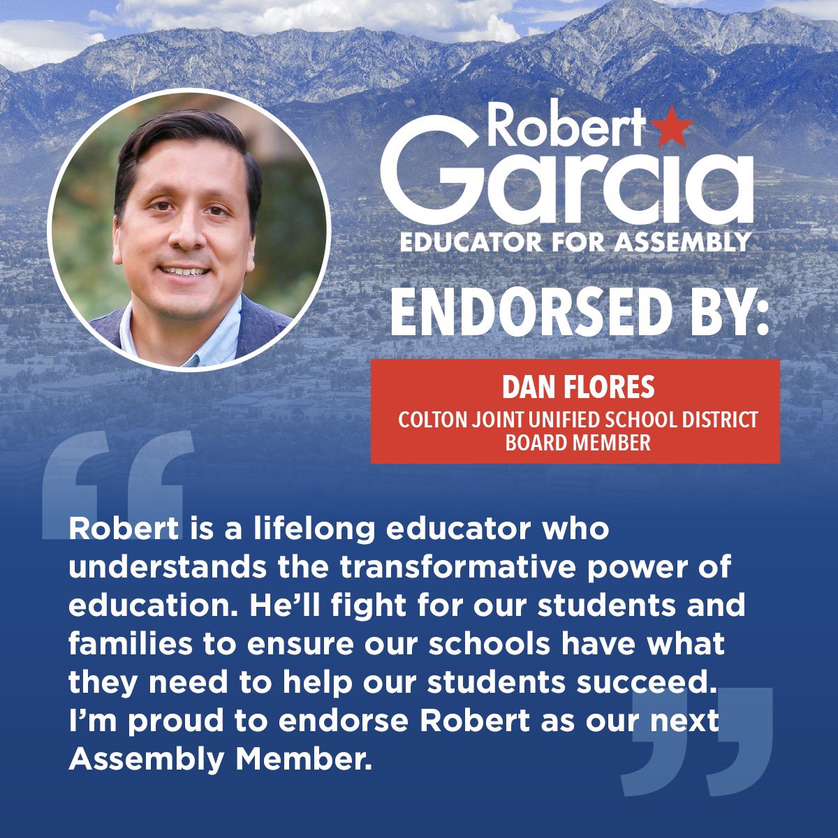 🚨 Trustee Dan Flores  has endorsed Robert Garcia for Assembly District 50 🚨 

To learn more about Robert and for a full list of endorsements, visit robertgarcia4ca.com 

#teamgarcia #ad50 #stateassembly