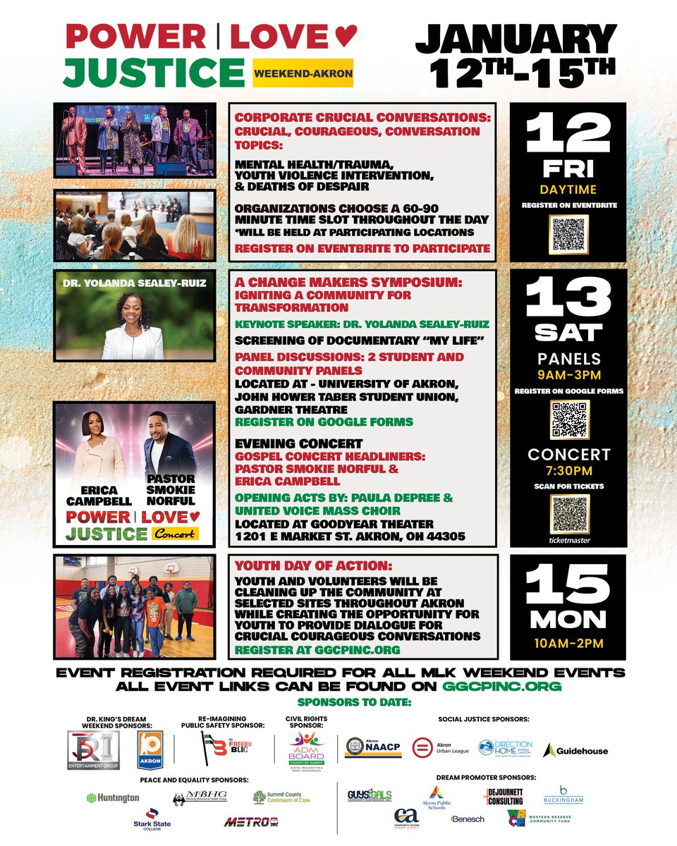 The Dr. Martin Luther King Power, Love, and Justice Weekend is this weekend from January 12th to 15th! This four-day celebration commemorates the legacy of Dr. King and will empower the Akron community to make a better Akron! Check out the line-up! #MLKWeekend2024