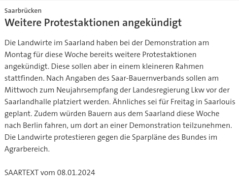 08.01.2024 #SAARTEXT #Saarbrücken. Weitere Protestaktionen angekündigt. Die #Landwirte im #Saarland haben bei der #Demonstration am Montag für diese Woche bereits weitere #Protestaktionen angekündigt. #Neujahrsempfang #Landesregierung Saarlandhalle | #Saarlouis | #Berlin