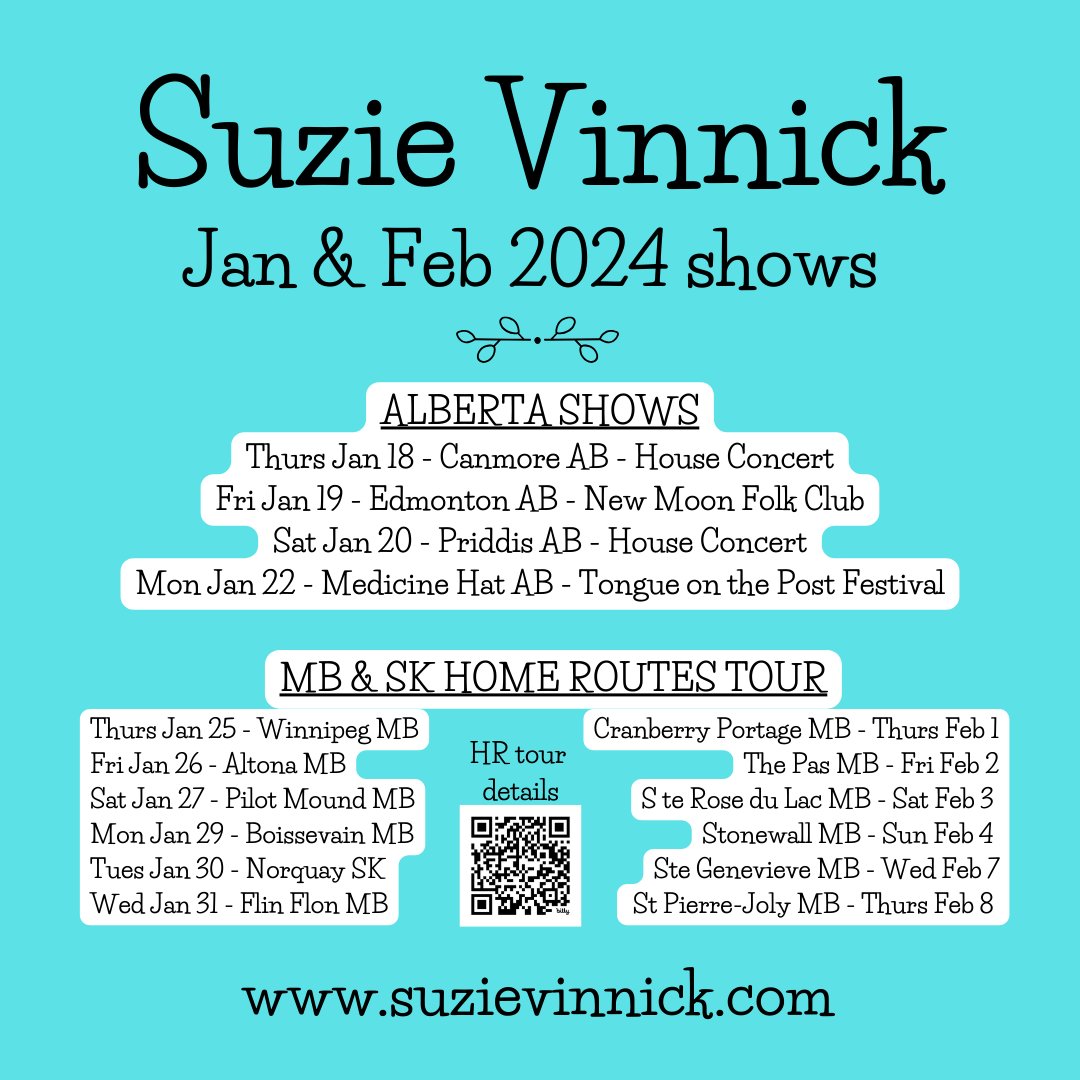 Here’s a little list of my upcoming shows in the next month - they're taking place in Alberta, Manitoba and there's a quick little jaunt over the border to Saskatchewan for one show. Please feel free to share this message! suzievinnick.com/gigs