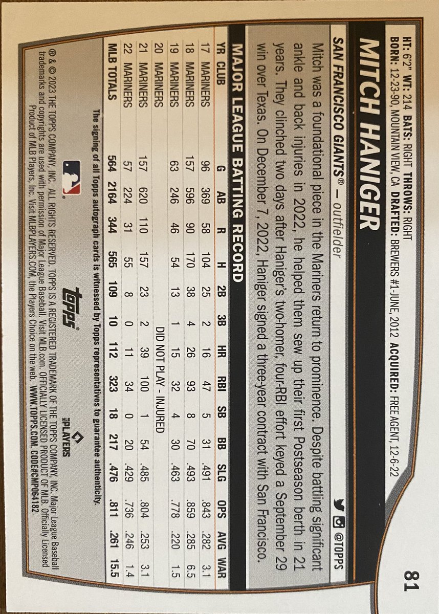 GriffinVicknair's tweet image. Mitch Haniger auto orange $20 or best offer #mariners #seattlemariners #topps2023