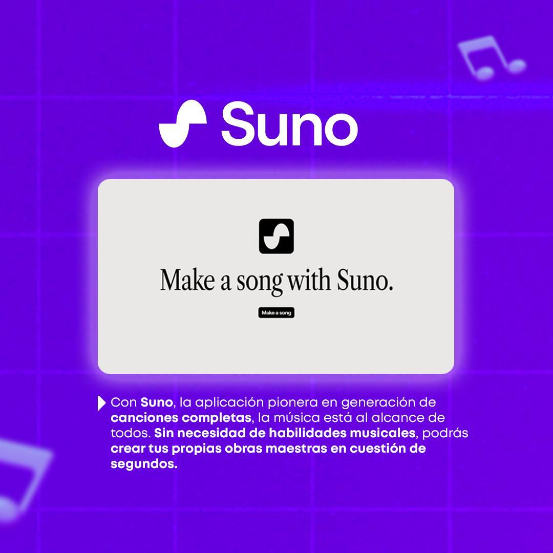 Supertecpe's tweet photo. ¡El futuro de la música está aquí con Microsoft Copilot y Suno! 🚀🔊

¡Noticia emocionante! Microsoft acaba de dar un giro revolucionario al mundo de la música con su herramienta de inteligencia artificial, Copilot, ahora capaz de crear canciones de varios géneros a partir de simples frases. 🎤🌐

💡 ¡Con Suno, la aplicación pionera en generación de canciones completas, la música está al alcance de todos! Sin necesidad de habilidades musicales, podrás crear tus propias obras maestras en cuestión de segundos. 🎼✨

¿Listo para ser el director de tu propia banda virtual? Accede a '[https://t.co/KIdtlXbdTc](https://t.co/KIdtlXbdTc "smartCard-inline") ' a través de Microsoft Edge, activa Suno y comienza a componer con comandos simples. ¡La revolución musical está en tus manos! 🎉🌟

#Supertec_pe #FamiliaTec #Licencias  #MicrosoftCopilot #Suno #InteligenciaArtificialMusical #RevolutionMusical