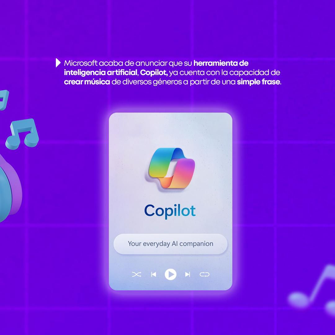 Supertecpe's tweet photo. ¡El futuro de la música está aquí con Microsoft Copilot y Suno! 🚀🔊

¡Noticia emocionante! Microsoft acaba de dar un giro revolucionario al mundo de la música con su herramienta de inteligencia artificial, Copilot, ahora capaz de crear canciones de varios géneros a partir de simples frases. 🎤🌐

💡 ¡Con Suno, la aplicación pionera en generación de canciones completas, la música está al alcance de todos! Sin necesidad de habilidades musicales, podrás crear tus propias obras maestras en cuestión de segundos. 🎼✨

¿Listo para ser el director de tu propia banda virtual? Accede a '[https://t.co/KIdtlXbdTc](https://t.co/KIdtlXbdTc "smartCard-inline") ' a través de Microsoft Edge, activa Suno y comienza a componer con comandos simples. ¡La revolución musical está en tus manos! 🎉🌟

#Supertec_pe #FamiliaTec #Licencias  #MicrosoftCopilot #Suno #InteligenciaArtificialMusical #RevolutionMusical
