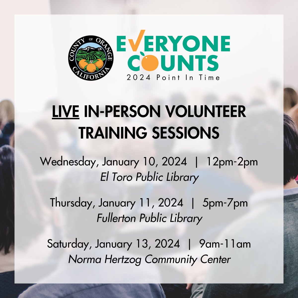 OCPIT's tweet photo. This week, join us for a LIVE In-Person Volunteer Training Session to learn more about your role as a volunteer for the Orange County 2024 Point In Time Count. Learn more and register to attend at https://t.co/AblGIkVXcl. #EveryoneCountsOC2024 https://t.co/MRLgKu7qIe