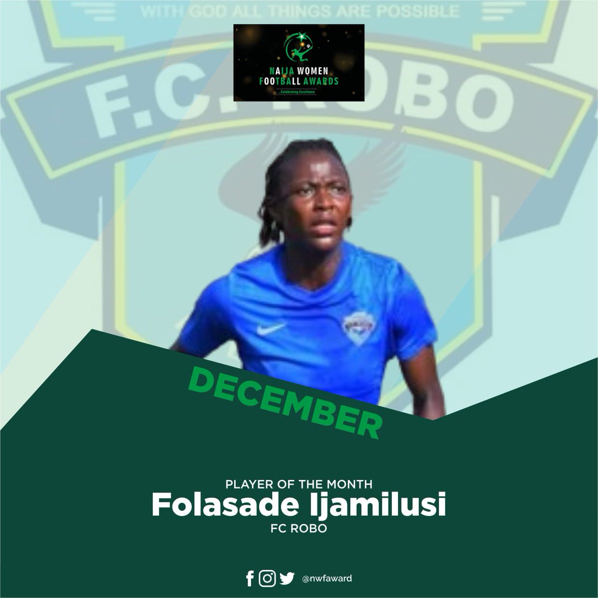 It's Official

We are glad to announce the winners for Coach of the Month and Player of the Month Awards for the month of December.

A clean sweep for the duo of FC Robo Queens Osahon Emmanuel and Ijamilusi Folashade.

Congratulations 🎉 to the winners 🏆

#NWFAwards #NWFAward24