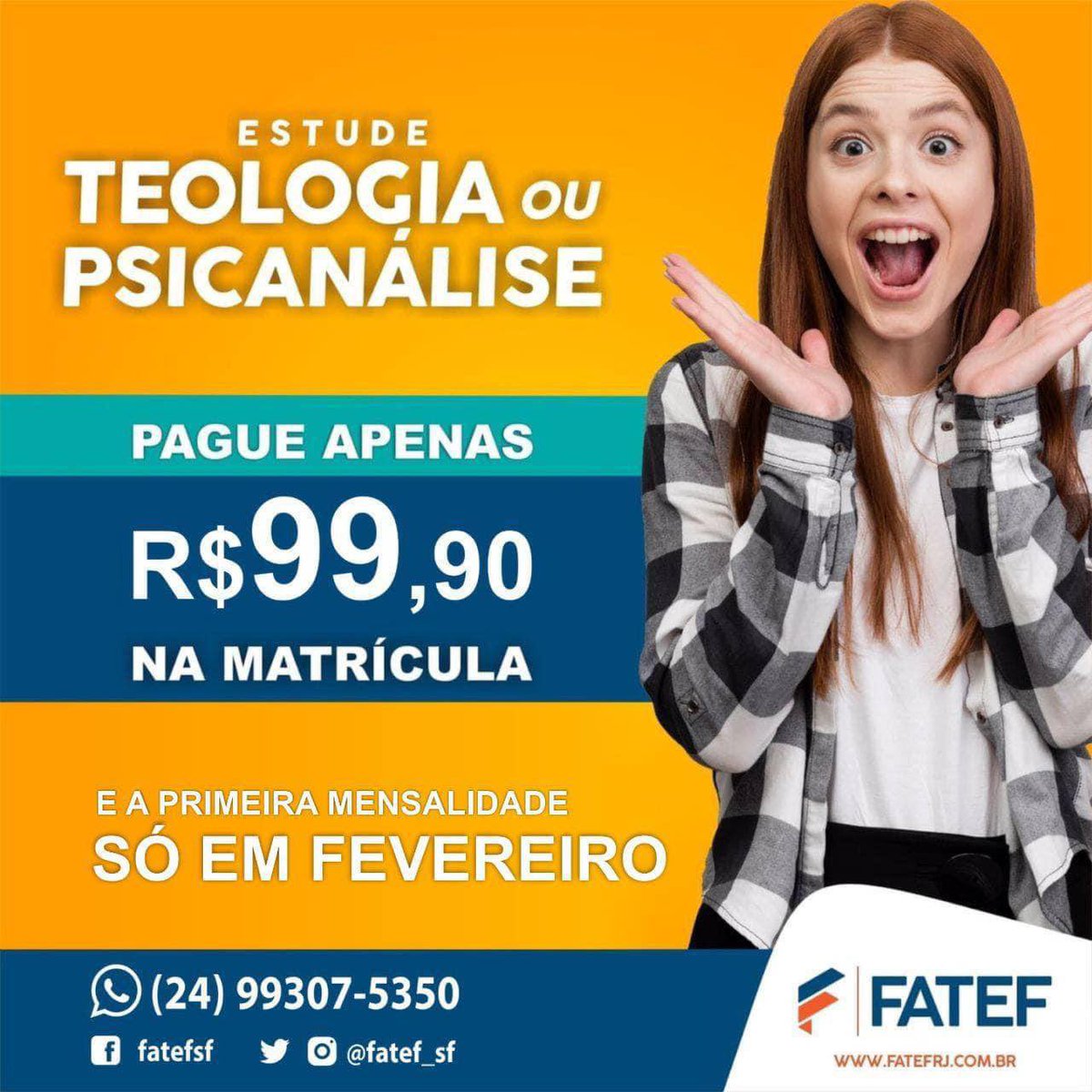 FATEF_SF's tweet image. Conheça a FATEF SUL FLUMINENSE - Turmas de Psicanálise, Filosofia e Teologia Plena (cursos livres). Graduação e pós-graduação (MEC)

📍 NOVO ENDEREÇO: Rua Salomão Machado, nº 07, Voldac, Volta Redonda-RJ.

Envie um mensagem pelo whatsapp: wa.me/5524993075350

#VemPraFATEF