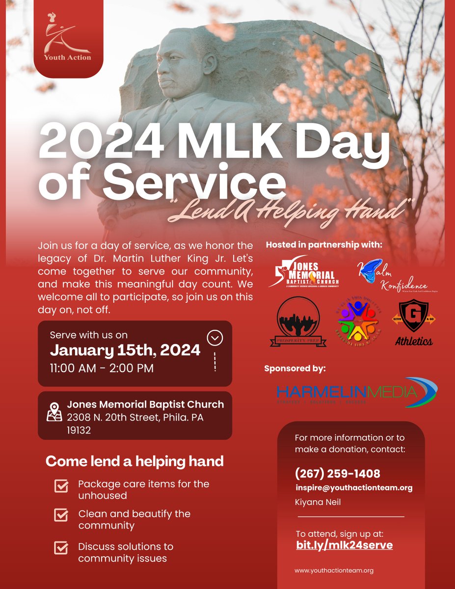 Join us on #MLKDay2024 for a day of service as we honor the legacy of Dr. Martin Luther King Jr. Let's come together to serve our community and make this day count. If you want to join us, please complete the form below: bit.ly/mlk24serve. #CommunityService #YouthAction