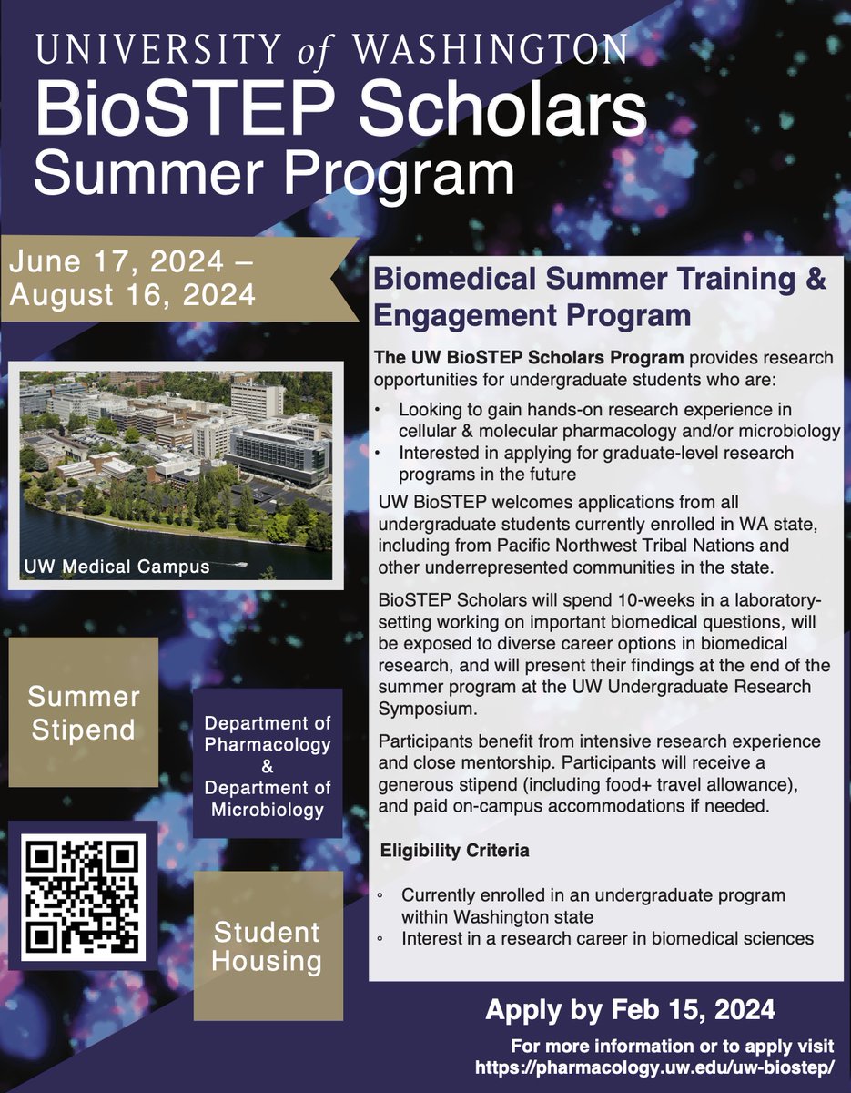 Applications for the 2024 BioSTEP program are officially open! BioSTEP provides WA state undergraduates with their first research experience in a lab @UWPharmacology—a fantastic opportunity for anyone seeking a career in the life sciences: pharmacology.uw.edu/uw-biostep/ Please RT!
