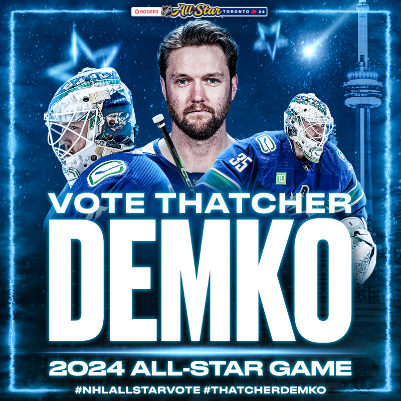Canucks's tweet photo. DEMKO FOR ALL-STAR❗️ 

A dominant backstop all season long, Thatcher Demko consistently wows. 

Vote now at https://t.co/HQ6f7EbQdL or on X to send the #Canucks goaltender to the #NHLAllStar Game. 

1 RT = 1 #NHLAllStarVote