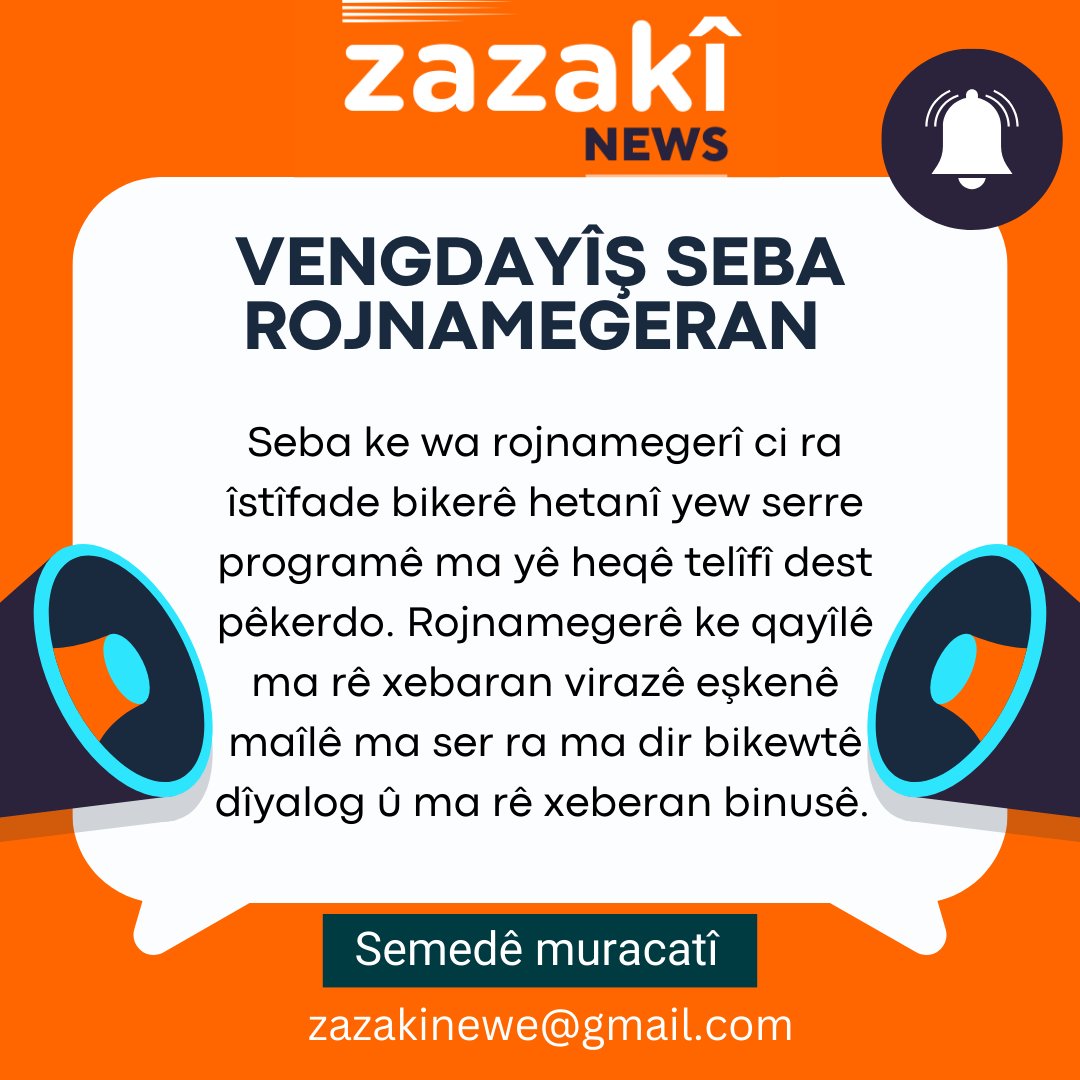 zazaki_news's tweet photo. 📍Semedê rojnamegeranê serbestan û betalan ma projeya xo ya programê xeberanê bi telîfinan aşkere kenê.   

📍Ma semedê https://t.co/mzQhj8XFHQ xeberanê şima pawenê 

Semedê têkilîye 👉zazakinewe@gmail.com https://t.co/9fC9tadB1I