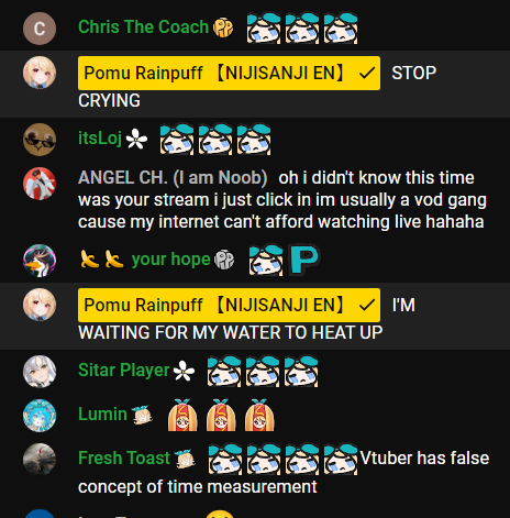 naniwa_zuni's tweet photo. prechat recently started this ritual of spamming the cry emote the INSTANT pomu doesn't start stream on time and it's really funny cause it annoys the shit out of her

we've been doing this for like two months so it's not even graduation related https://t.co/JFcN2wPDq7