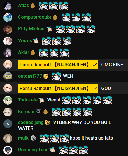 naniwa_zuni's tweet photo. prechat recently started this ritual of spamming the cry emote the INSTANT pomu doesn't start stream on time and it's really funny cause it annoys the shit out of her

we've been doing this for like two months so it's not even graduation related https://t.co/JFcN2wPDq7