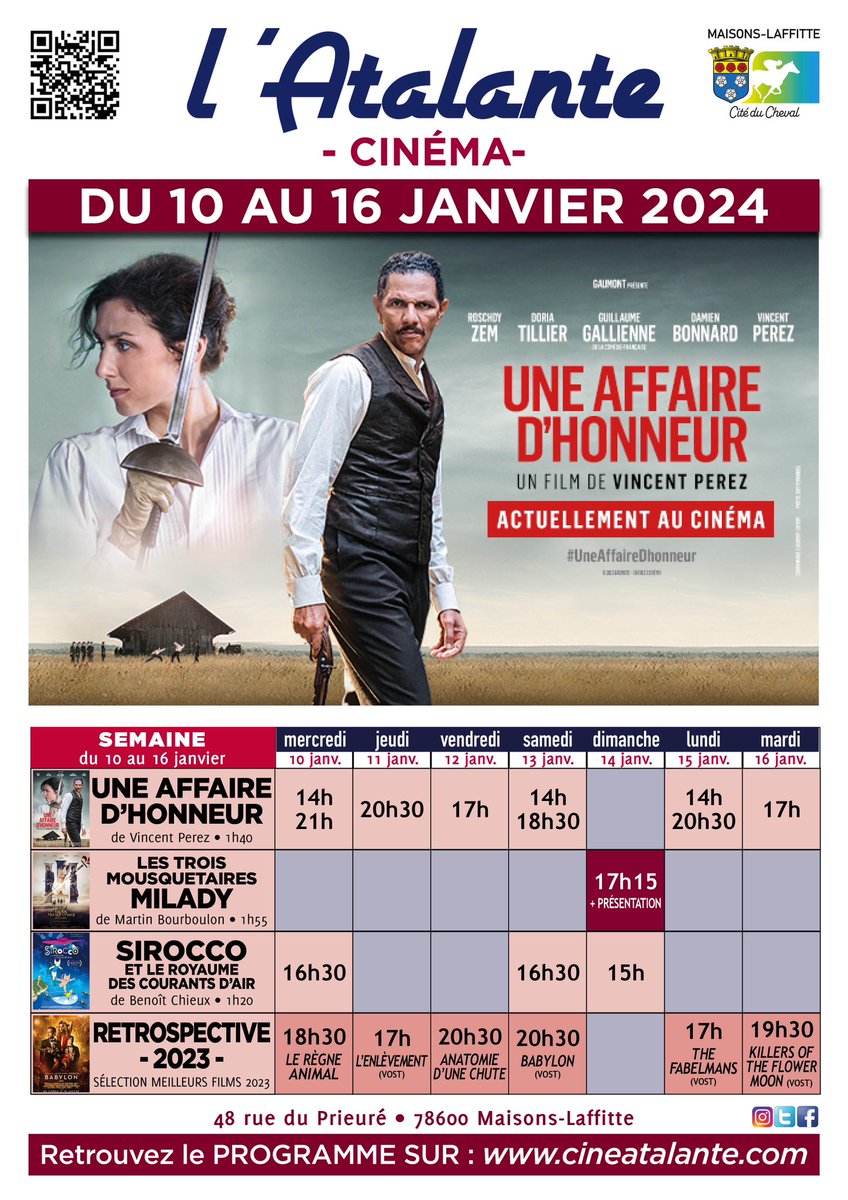 [PROGRAMME DE LA SEMAINE]
Cette semaine à l'Atalante, rattrapez les meilleurs films de 2023, découvrez #uneaffairedhonneur, venez en famille voir le merveilleux #Sirocco ou prenez une leçon d'histoire avec notre séance de #Milady présentée par Odile Bordaz.