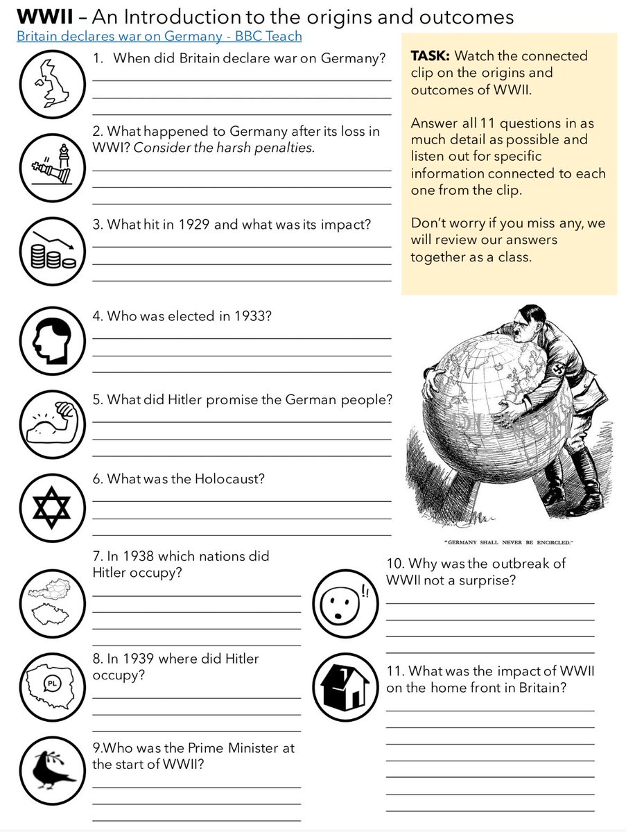 James Fitzgibbon (@mrfitzhist) on Twitter photo Moving onto WWII with Y9 and opened with this BBC Teach clip. Despite being for KS2, the overview of events is broad, accessible, provides good stimulus points for discussion. Also paired with a simple question sheet giving foundational knowledge for future topics #historyteacher Moving onto WWII with Y9 and opened with this BBC Teach clip. Despite being for KS2, the overview of events is broad, accessible, provides good stimulus points for discussion. Also paired with a simple question sheet giving foundational knowledge for future topics #historyteacher