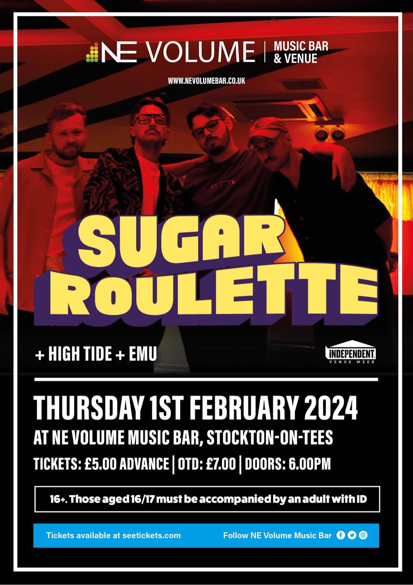 We’re buzzing to announce that we’re headlining @nevolumebar for @IVW_UK on Thursday 1st February 🤠 We’re very happy to be joined by @HighTide_Band & Emu for the ride 🍬 Grab your tickets - linktr.ee/sugarroulette 🎟️
