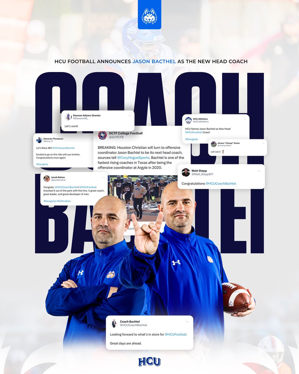 HCU Football (@hcufootball) on Twitter photo Husky Nation Show Our New Head Football Coach Some Love!!!
<a href="/HCUCoachBachtel/">Coach Jason Bachtel</a>
#DawgsUp | #GoHuskies Husky Nation Show Our New Head Football Coach Some Love!!!
<a href="/HCUCoachBachtel/">Coach Jason Bachtel</a>
#DawgsUp | #GoHuskies