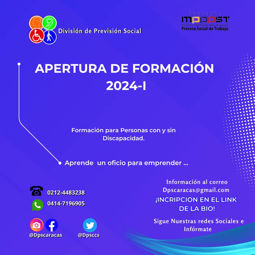La División de Previsión Social del <a href="/MinTrabajoVE/">Ministerio del PP para el Proceso Socia de Trabajo</a>  Te invita a la Formación para personas con y sin Discapacidad ♿
Para mayor información ingresa en el link 👇 forms.office.com/r/wFBmbRv74U