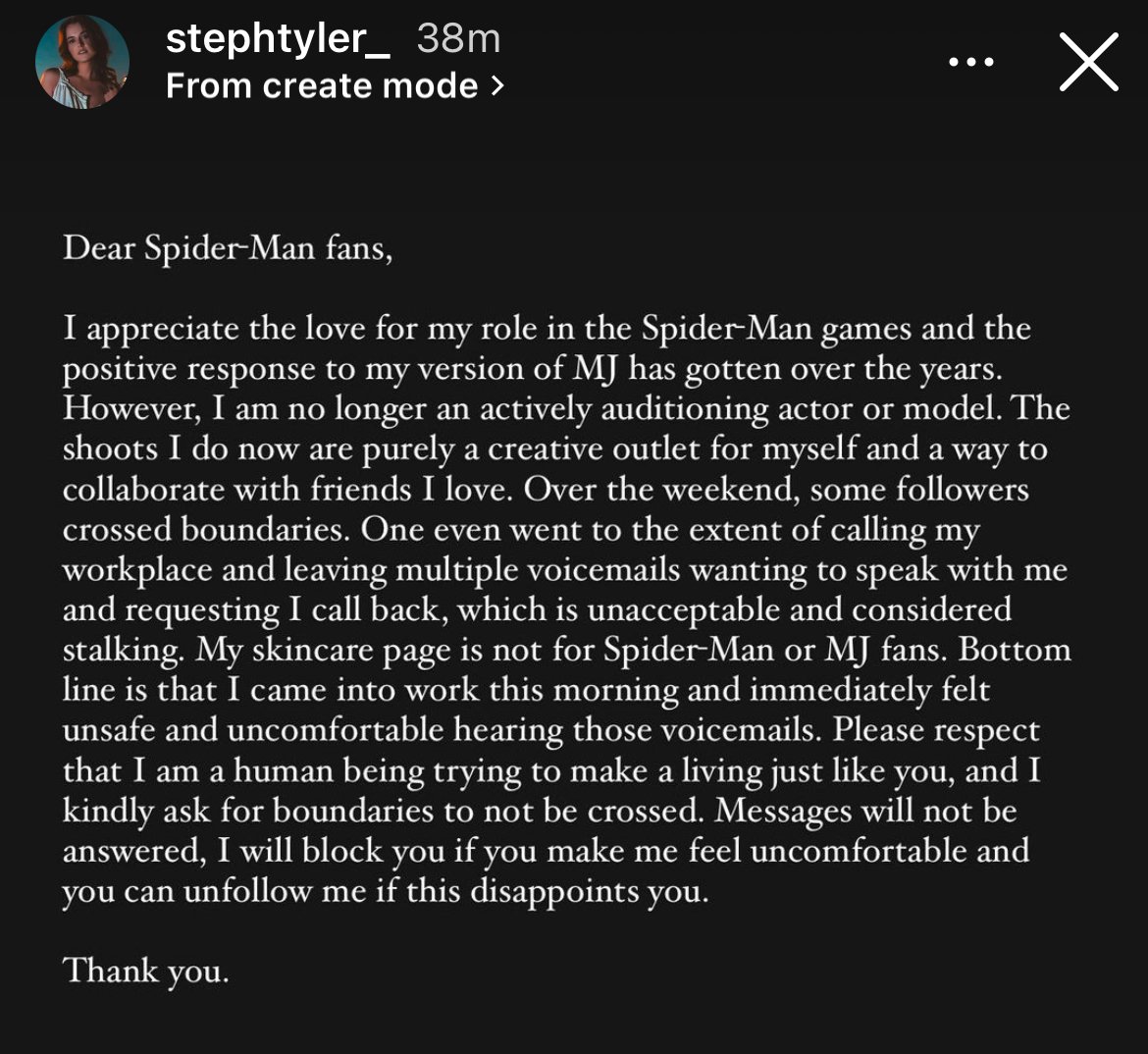 I hate that she's going through this, I hate how the Spider-Man fandom has become one of the sickest and most misogynistic fandoms possible. And for what? because of a fictional character? damn man, grow up, or better yet, fuck off u cowards!