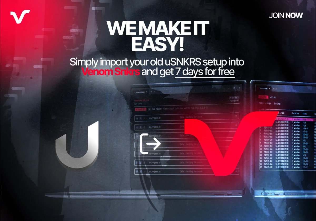 📢 EX USNKRS USERS LISTEN UP 📢 

Import your uSNKRS setup into VenomSNKRS with one click using our latest feature 📈

🆓 Join our special waitlist to try it for 7 days FREE: venomsnkrs.com/waitlist

❤️+♻️ for a chance to win 1x VenomSNKRS 30d for FREE