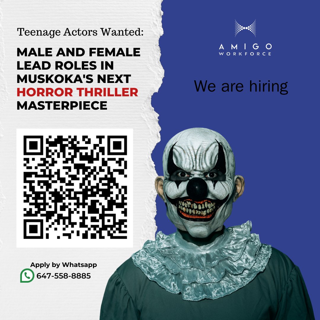 🎬 Teen Leads Wanted for Muskoka Horror Film 🌟
Join us in an independent horror thriller set in Muskoka, Toronto. We're casting teenage actors for pivotal roles in a suspense-filled story at a mysterious hotel.
Apply here: wa.me/+16475588885  #ActorsLife  #FilmAudition