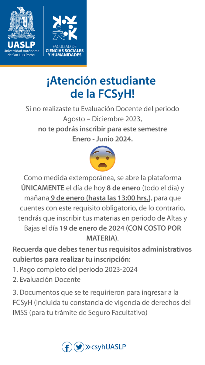 csyhUASLP's tweet image. Aviso #ControlEscolar #EvaluaciónDocente