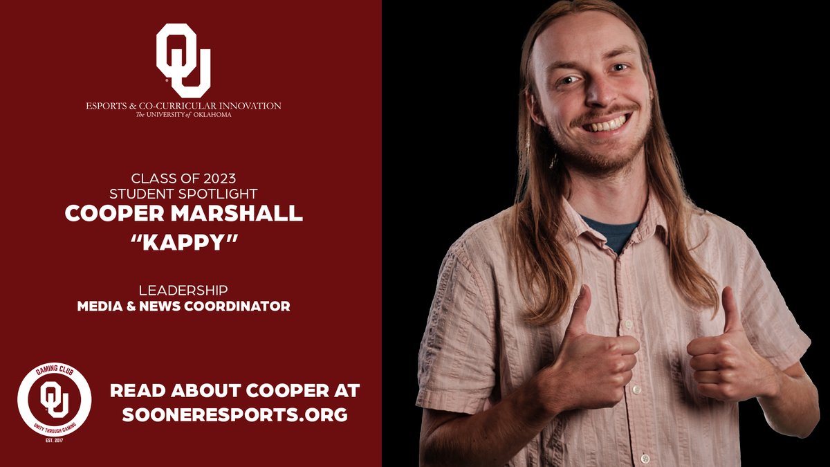 OUEsports's tweet photo. Cooper Marshall, the Media and News Coordinator, graduated this Fall semester. Read more about how he got involved in OU Esports and his history with video games in our latest Student Spotlight! Congrats, Coop! 🤩

https://t.co/O5p1ex2RyC

#BoomerSooner #OUEsports https://t.co/5eexJnTY2r