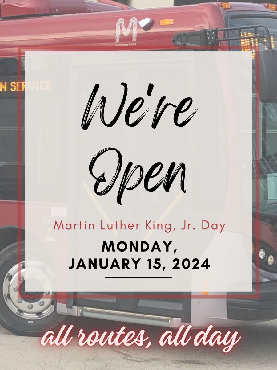 MTA will be open Monday, January 15, 2024 on Martin Luther King, Jr. Day. All routes will be operating as normal.