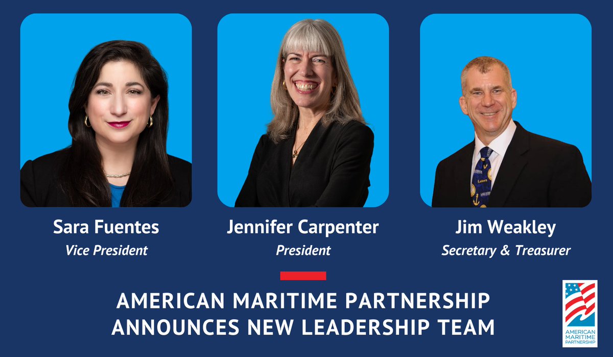 AMP is excited to announce our NEW leadership team. Jennifer Carpenter, Sara Fuentes and Jim Weakley bring vision and expertise, charting a course for innovation and growth in this vital industry.🚢 ⚓ americanmaritimepartnership.com/press-releases…