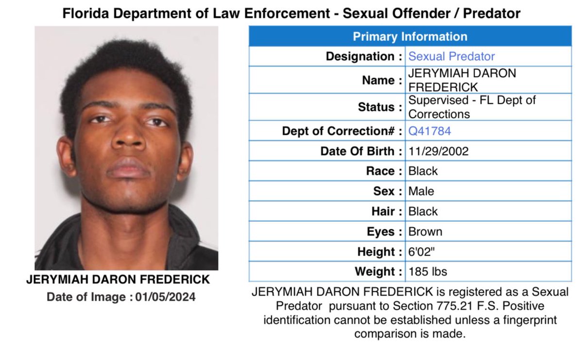PBCountySheriff's tweet photo. Important Information 🚨

The following sexual predator has registered an address located in Palm Beach County: Jerymiah Frederick (DOB: 11/29/2002), currently residing at 301 Lamberton Dr, West Palm Beach, FL 33401. To check predators in your area visit: https://t.co/N2770yZ5qC https://t.co/zO38e5L6iA