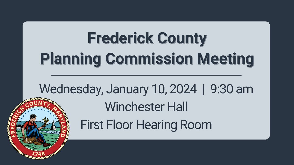 LivableFred's tweet photo. The Frederick County Planning Commission will meet Wednesday, January 10 at 9:30 am
🏛 Winchester Hall: 12 E Church St., 1st Floor Hearing Room
🖥 Stream Live: https://t.co/aRcBuRNeU4
📘 Agenda: https://t.co/kArMtNUygL https://t.co/YME0gkPap4
