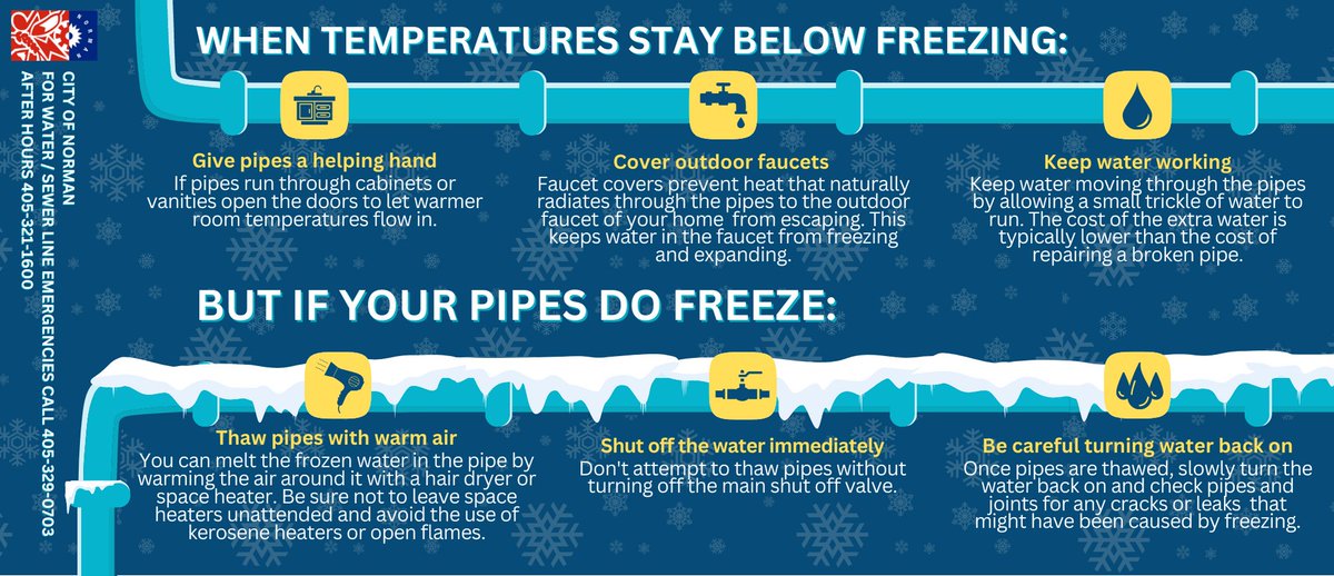 Winter is upon us!

Check out some friendly tips and reminders to help protect your pipes in freezing temperatures this season: normanok.gov/media/16277

Additional information about #WinterWeatherPreparedness can be found from <a href="/okem/">Oklahoma Department of Emergency Management (OEM)</a> here: oklahoma.gov/oem/readyok/be…

#CoN #NormanOk