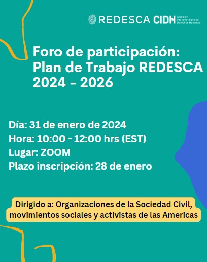 🔔RESERVA EN TU AGENDA🔔
 
La REDESCA convoca a OSC, movimientos sociales y activistas de las Américas a participar en la consulta virtual para la elaboración de su Plan de Trabajo.
 🗓️ 31 de enero de 2024
🕐 10:00-12:00 hrs (EST)
📍 ZOOM
✍️ Inscripciones: forms.gle/d83pbTnTX1mEqt…