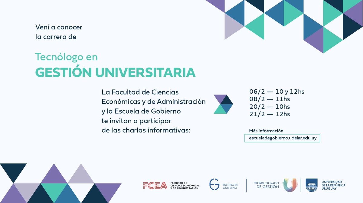 📢 ¡Vení a conocer la oferta formativa de la @Udelaruy en materia de gestión! 🗓️ Desde el 6 al 23 de febrero se realizarán charlas informativas sobre la carrera de Tecnólogo en Gestión Universitaria. Más info: bit.ly/3SbqIqA