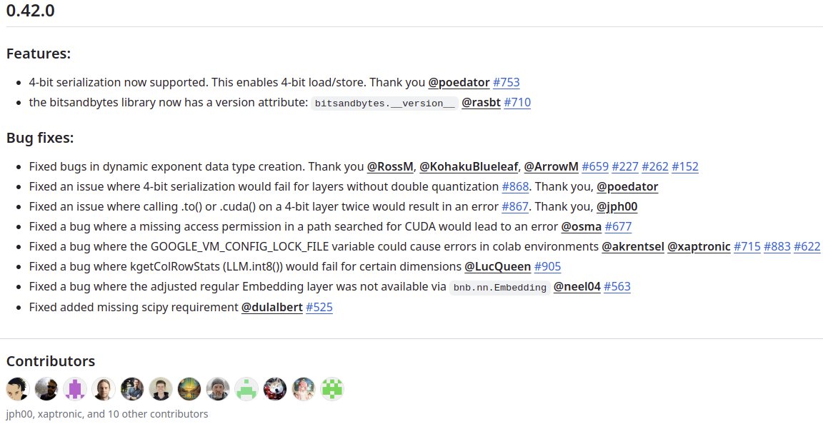 Tim_Dettmers's tweet image. The 0.42.0 bitsandbytes release adds 4-bit serialization, so you can save/load 4-bit weights directly. Otherwise, there are lots of bug fixes. Thank you, contributors! 

The next goal is Apple/AMD/Intel and Windows integration. We now have 1.5M installs per month.