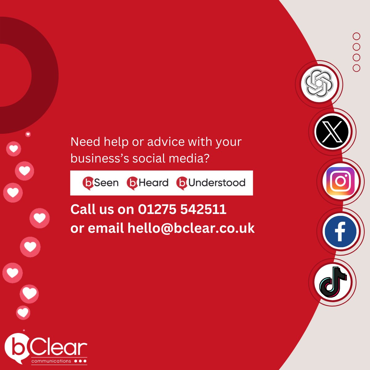 Don't have time to stay on top of all of the social media updates? We can help you be seen, be heard and be understood, reaching your audience wherever they are. Contact us for a no obligation conversation about your businesses goals.
01275 542511 or email hello@bclear.co.uk.
#PR