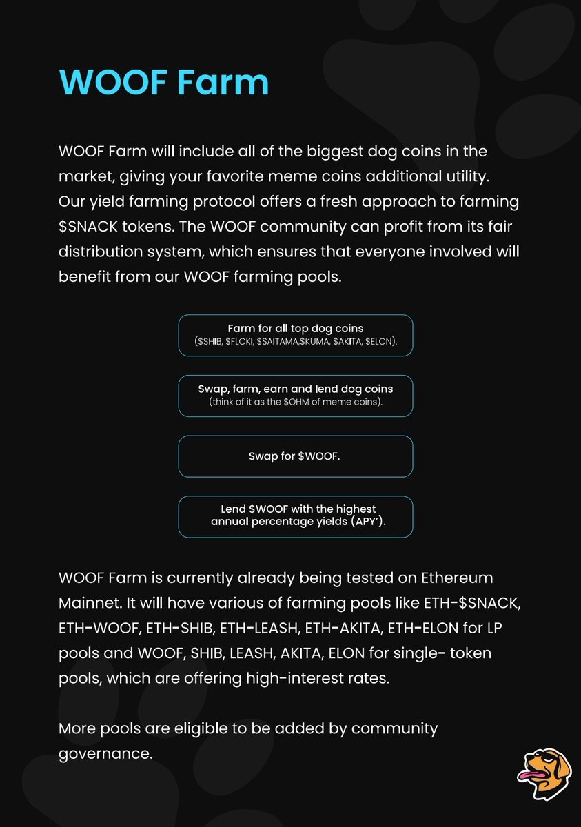 Sometimes they ask; what's the plan $WOOF? Well...

We launched in silence without creating much hype. Now, we release our products one by one on a monthly basis.

Within a year the $WOOF ecosystem will be completely built out and ready to be utilized!

$WOOF is a marathon dogs!