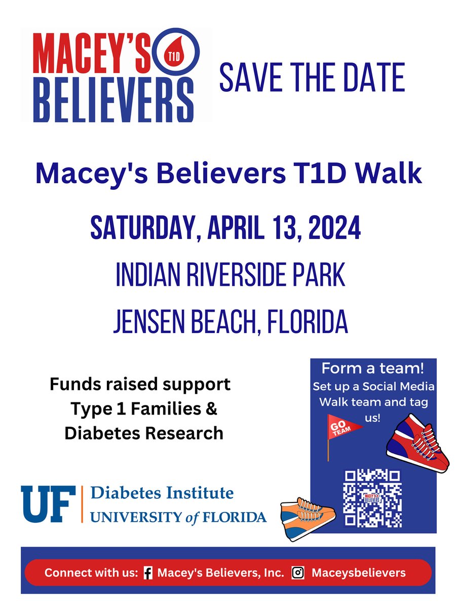 We invite you to join the University of Florida Diabetes Institute and Macey's Believers for the walk on April 13th at Indian Riverside Park in Jensen Beach, Florida. Your support is greatly appreciated! #t1d #walk #JensenBeach #indianriversidepark @MartinCountygov @JDRF…