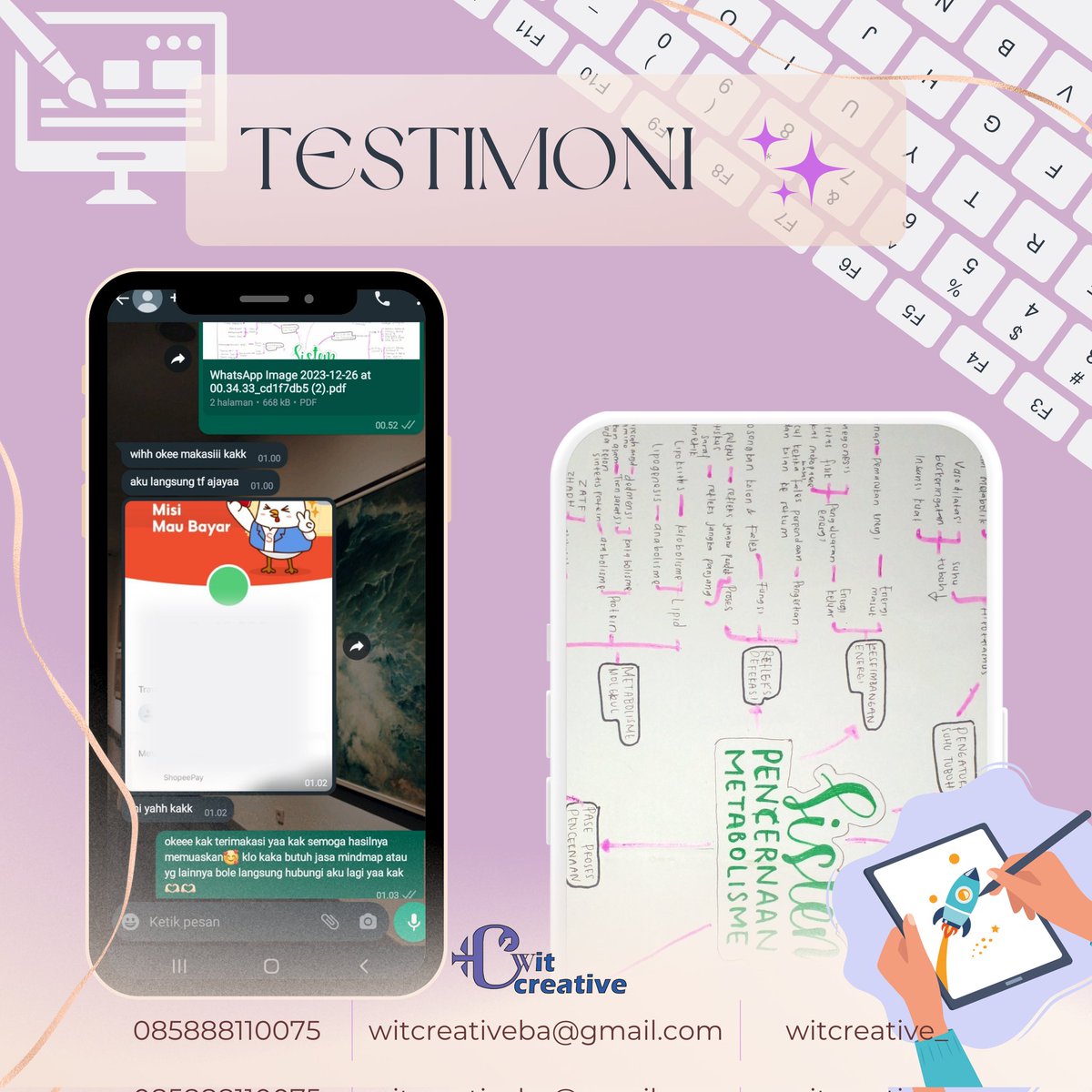「 ✦  𝐓𝐞𝐬𝐭𝐢𝐦𝐨𝐧𝐢 𝐰𝐢𝐭𝐜𝐫𝐞𝐚𝐭𝐢𝐯𝐞 ✦ 」

103. Tulis MindMapping
___

Order klik link ⬇️
wa.link/klqis7
___

#Testimoni #wittesti