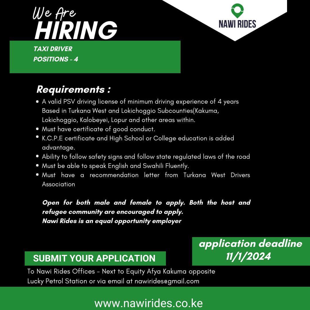 NawiRides's tweet photo. We are hiring..
@NawiRides is here for you.
@Locham_David @PatrickTioko @EkaiEtom @MosesNatome https://t.co/tUPgxkX45G