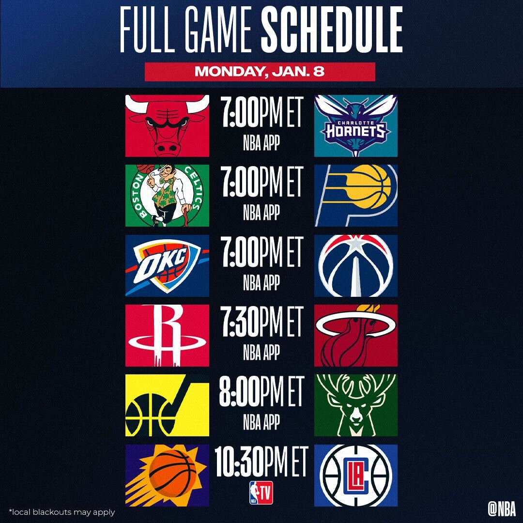 NBA's tweet photo. MONDAY'S NBA SLATE ‼️

▪️ #1 Celtics face Pacers in rematch of Saturday's game that Boston took
▪️ Giannis riding back-to-back 40+ point games (44,48)
▪️ Suns vs. Clippers in a star-filled West matchup

📺 NBA TV, NBA App
📲 https://t.co/j7XaSJWBOj https://t.co/apMJ2tsnzU