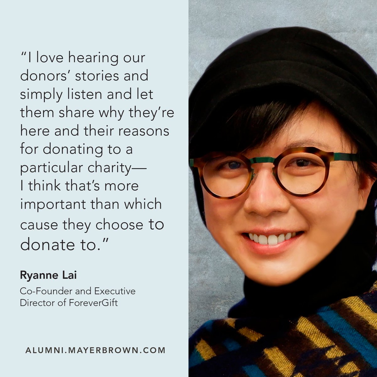 Mayer Brown alumna Ryanne Lai left the legal sector to pursue her own business venture. Now cofounder and executive director of Hong Kong legacy giving organization ForeverGift, she reflects on her path to founding this social enterprise. bit.ly/46zXiX6 #MayerBrownAlumni