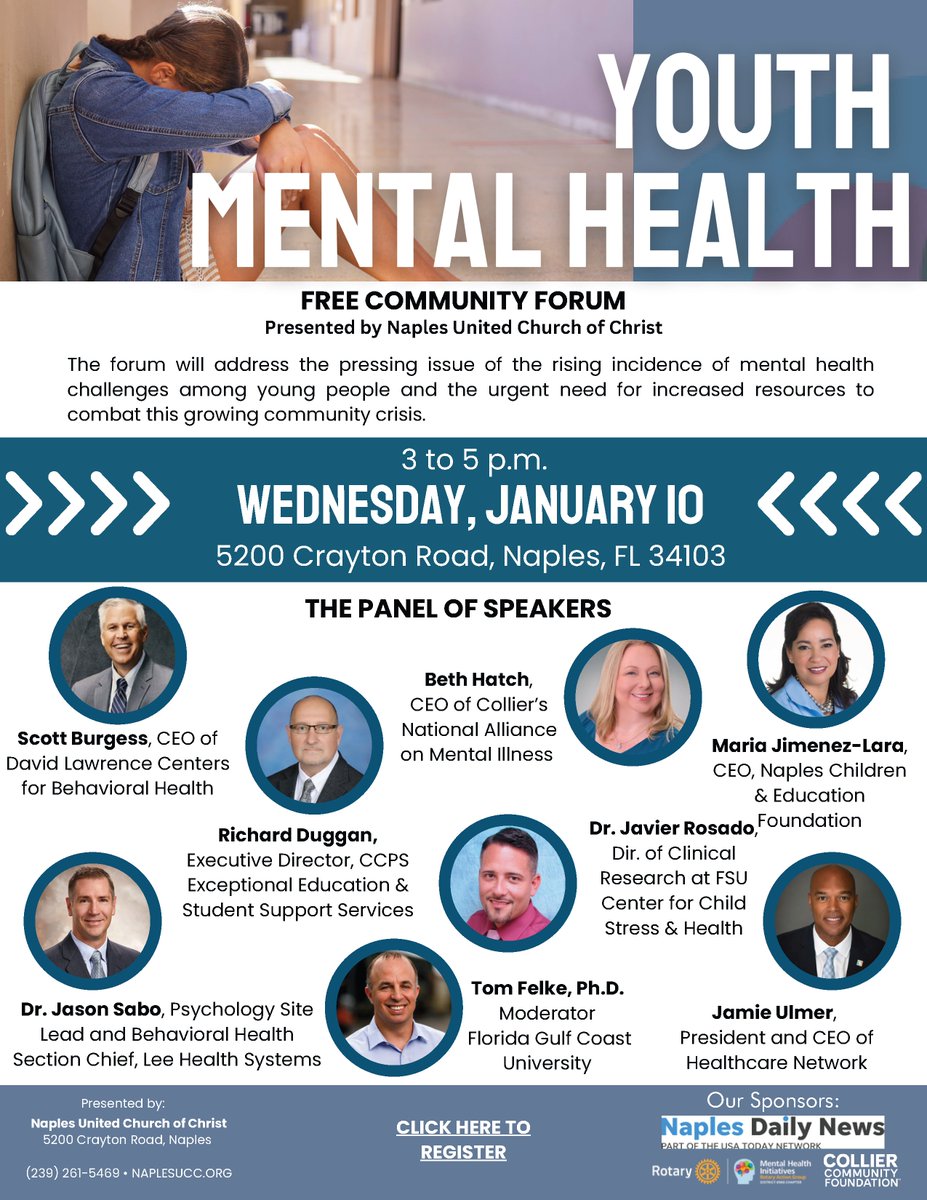 SocWrkDoc's tweet photo. For those in SWFL, the Youth Mental Health Forum will be held THIS WEDNESDAY, January 10th from 3:00pm - 5:00pm at Naples United Church of Christ (5200 Crayton Road, Naples, FL 34103). The event is free to attend but registration is requested via:
https://t.co/z3tlHSwXei https://t.co/DZqW9bA7j7