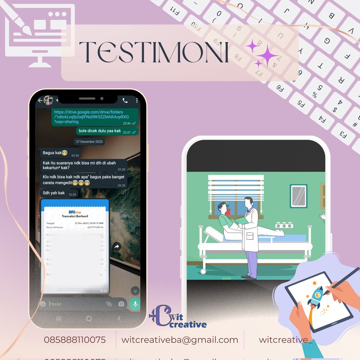 「 ✦  𝐓𝐞𝐬𝐭𝐢𝐦𝐨𝐧𝐢 𝐰𝐢𝐭𝐜𝐫𝐞𝐚𝐭𝐢𝐯𝐞 ✦ 」

101. Edit Vidio Animasi
___

Order klik link ⬇️
wa.link/klqis7
___

#Testimoni #wittesti